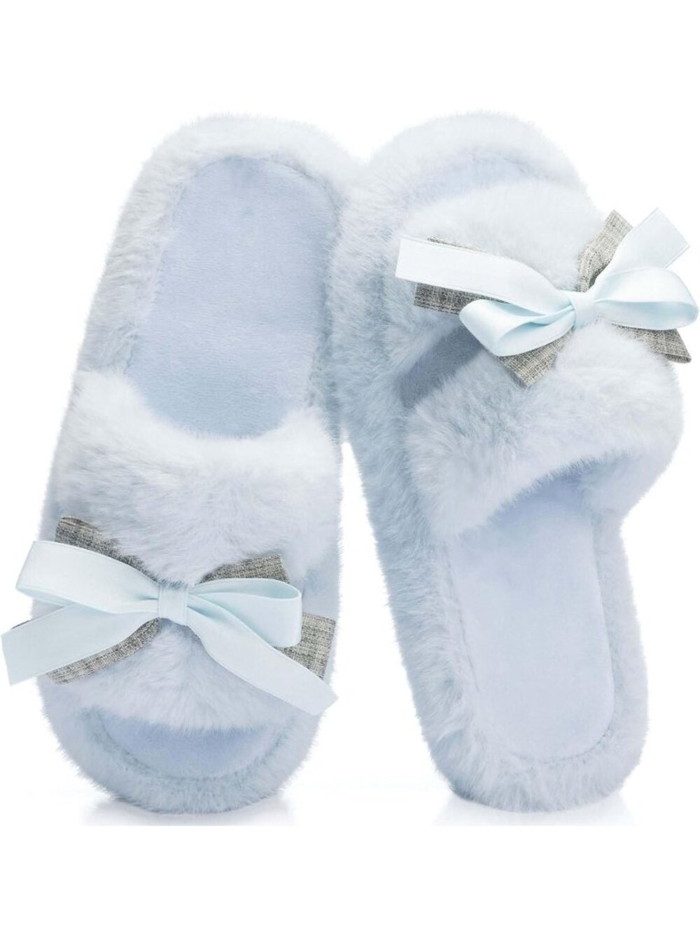 Women's Blue Memory Foam Anti Skid Open Toe Soft Fuzzy Cute Bow Indoor Slippers